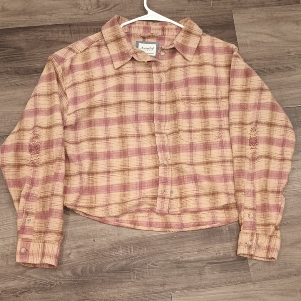 American Eagle Outfitters Pink and Tan Plaid Shirt